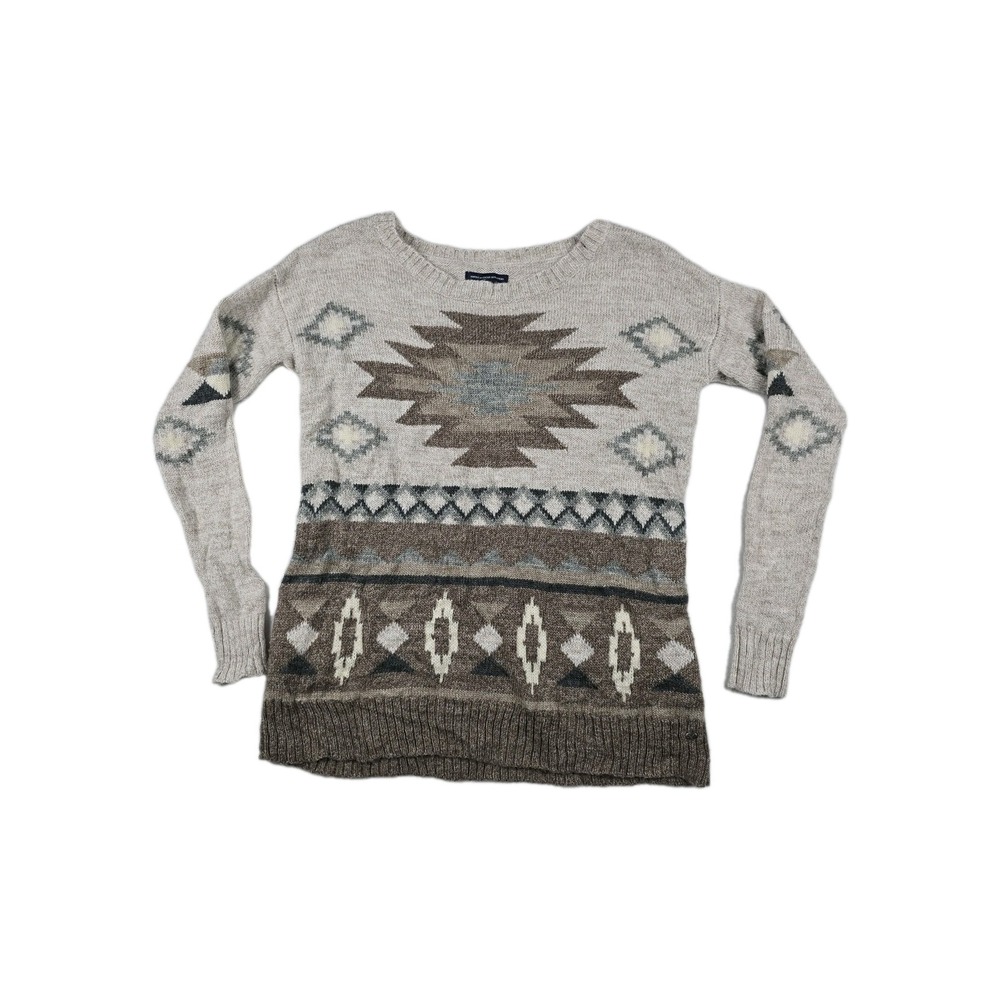 American Eagle Sweater Women's Extra Small Aztec Tribal Knit Oatmeal Brown Wool